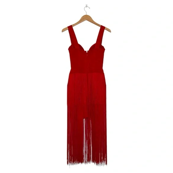 STYLE OF CB Red Midi Bodycon Dress w/ Maxi Length Tiered Fringe, Size XS - Picture 8 of 14